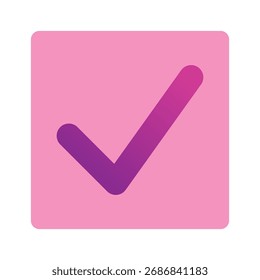 Rosa positive Stimme quadratischen Knopf mit Häkchen akzeptieren vollständige Aufgabe Badge flache Vektorgrafik. Erfolgreiche Bestätigung logotype keypad agree genehmigte Häkchen getan. Emoji-Symbol ankreuzen.