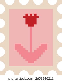 Carimbo de correio rosa com imagem de flor em estilo pixel art. Elemento de design de vetor isolado.