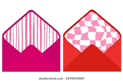 Pink postal envelopes. Funky. Vector stock illustration. Isolated on white background. 
