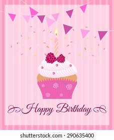Pink postcard with cupcake. Happy Birthday. Can be used for party, birthday, invitation, bakery, wedding.