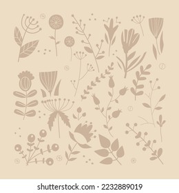 Pink postcard with flowers and magic motes. Cornflowers, tulips, lilies, leaves, twigs of modern style. Scandinavian style. Subdued tones. Suitable for postcard printing, advertising and merchandise.