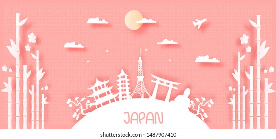 Pink postcard landmarks of Japan in paper cut style vector illustration