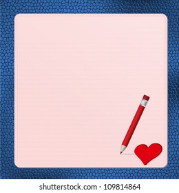 Pink postcard with red heart on blue leather pad,Vector Eps10