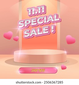 A pink poster with a pink background and pink hearts. The poster is advertising 11.11 special sale