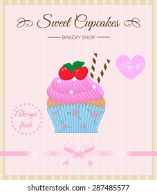 Pink poster with cupcake. Can be used for bakery and cafe menu.