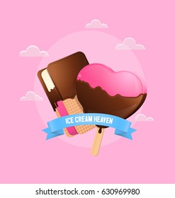 Pink poster with delicious ice cream and blue ribbon vector illustration