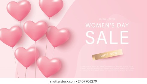 Pink poster for discounts for Women's Day with inflatable balloons in the shape of hearts. March 8. Discounts, sales, shopping banner