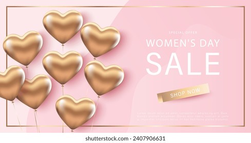 Pink poster for discounts for Women's Day with inflatable balloons in the shape of hearts. March 8. Discounts, sales, shopping banner