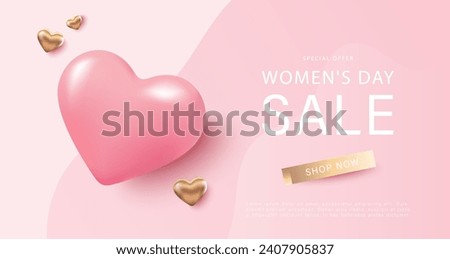 Pink poster for discounts for Women's Day with a three-dimensional heart. March 8. Discounts, sales, shopping banner Imagine de stoc © 