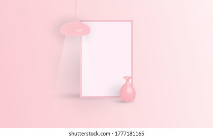 Pink poster frame with vase and ceiling lamp, Vector Mock up