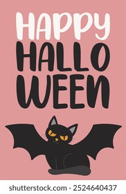 Pink poster for Halloween. Trendy flat style illustration with cute cat character. Vector design for banner, flyer, autumn cards