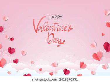 Pink Poster With Hearts And Clouds Postcard 
With Gradient Mesh, Vector Illustration