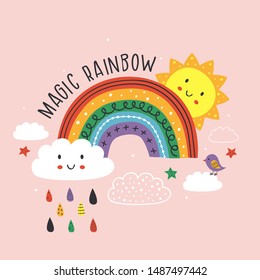 pink poster with magic rainbow, cloud, bird and sun - vector illustration, eps    