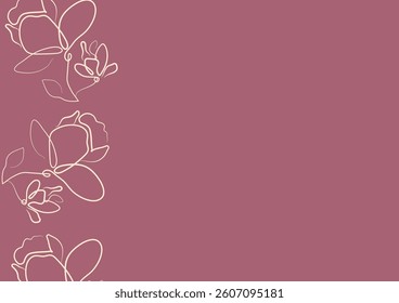 pink poster template with flowers, namely with open magnolia buds in line art style	