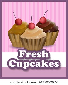 Pink poster with various cupcakes. Vector illustration