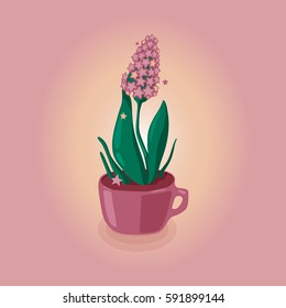 Pink pot with pink flower on background. Magic, grass and stars