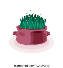 Pink pot with grass on white background. Magic, grass and stars