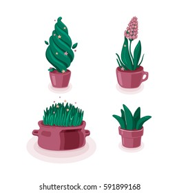 Pink pots with plant tree and grass on white background. Magic, grass and stars. Set