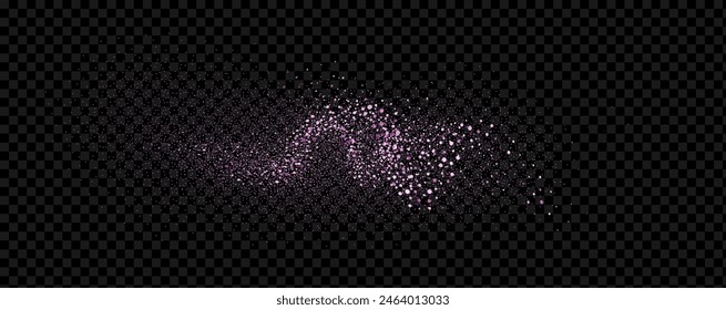 Pink powder dust with glittering shimmering swirls, shiny glitter design. Magical motion, sparkling lines on a black background.