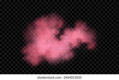 Pink powder dust with glittering shimmering swirls, shiny glitter design. Magical motion, sparkling lines on a black background.