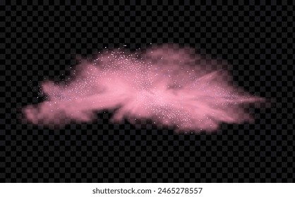 Pink powder dust with glittering shimmering swirls, shiny glitter design. Magical motion, sparkling lines on a black background.