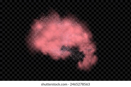 Pink powder dust with glittering shimmering swirls, shiny glitter design. Magical motion, sparkling lines on a black background.