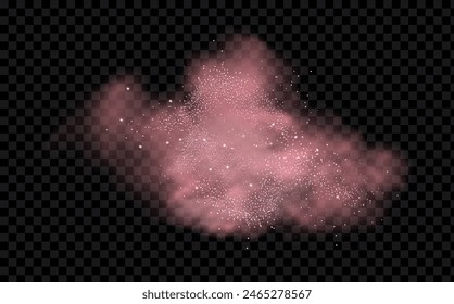 Pink powder dust with glittering shimmering swirls, shiny glitter design. Magical motion, sparkling lines on a black background.