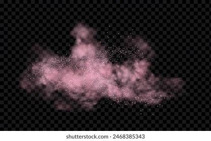 Pink powder dust with glittering shimmering swirls, shiny glitter design. Magical motion, sparkling lines on a black background.