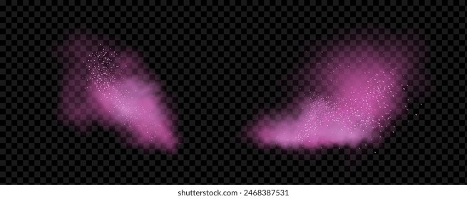 Pink powder dust with glittering shimmering swirls, shiny glitter design. Magical motion, sparkling lines on a black background.