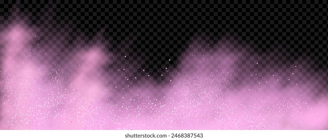 Pink powder dust with glittering shimmering swirls, shiny glitter design. Magical motion, sparkling lines on a black background.