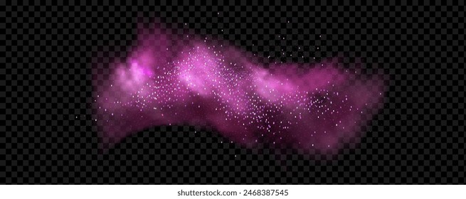 Pink powder dust with glittering shimmering swirls, shiny glitter design. Magical motion, sparkling lines on a black background.