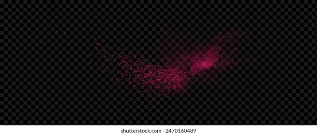 Pink powder dust with glittering shimmering swirls, shiny glitter design. Magical motion, sparkling lines on a black background.