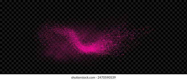 Pink powder dust with glittering shimmering swirls, shiny glitter design. Magical motion, sparkling lines on a black background.