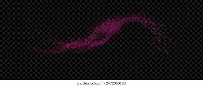 Pink powder dust with glittering shimmering swirls, shiny glitter design. Magical motion, sparkling lines on a black background.