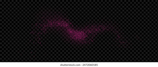 Pink powder dust with glittering shimmering swirls, shiny glitter design. Magical motion, sparkling lines on a black background.