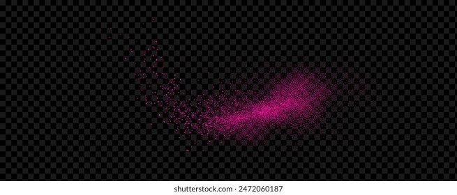 Pink powder dust with glittering shimmering swirls, shiny glitter design. Magical motion, sparkling lines on a black background.