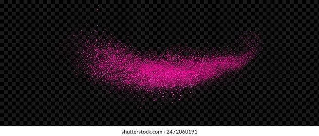 Pink powder dust with glittering shimmering swirls, shiny glitter design. Magical motion, sparkling lines on a black background.