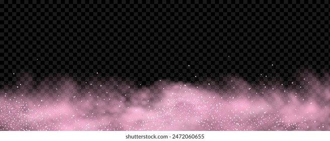 Pink powder dust with glittering shimmering swirls, shiny glitter design. Magical motion, sparkling lines on a black background.