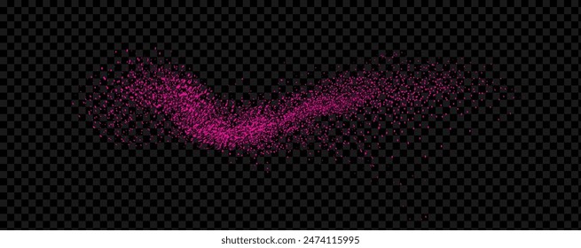 Pink powder dust with glittering shimmering swirls, shiny glitter design. Magical motion, sparkling lines on a black background.