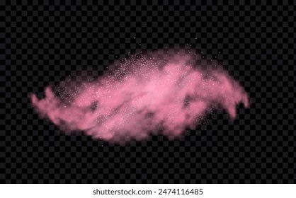 Pink powder dust with glittering shimmering swirls, shiny glitter design. Magical motion, sparkling lines on a black background.
