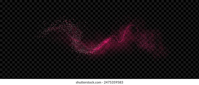 Pink powder dust with glittering shimmering swirls, shiny glitter design. Magical motion, sparkling lines on a black background.