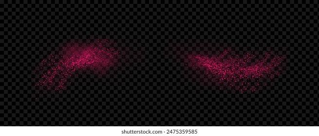 Pink powder dust with glittering shimmering swirls, shiny glitter design. Magical motion, sparkling lines on a black background.