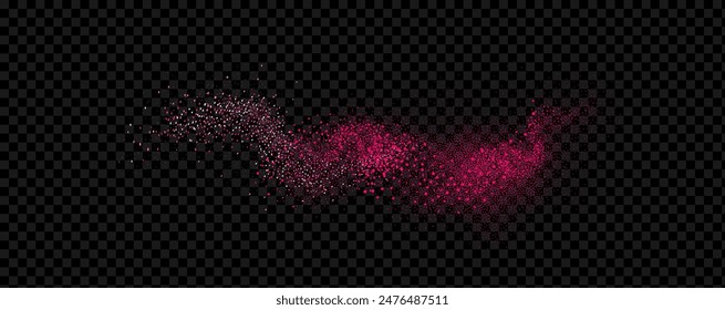 Pink powder dust with glittering shimmering swirls, shiny glitter design. Magical motion, sparkling lines on a black background.