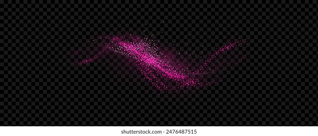 Pink powder dust with glittering shimmering swirls, shiny glitter design. Magical motion, sparkling lines on a black background.