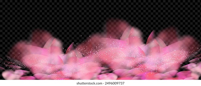 Pink powder dust with glittering shimmering swirls, shiny glitter design. Magical motion, sparkling lines on a black background.