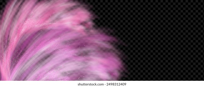 Pink powder dust with glittering shimmering swirls, shiny glitter design. Magical motion, sparkling lines on a black background.