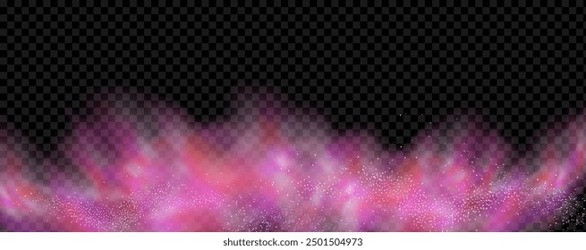 Pink powder dust with glittering shimmering swirls, shiny glitter design. Magical motion, sparkling lines on a black background.