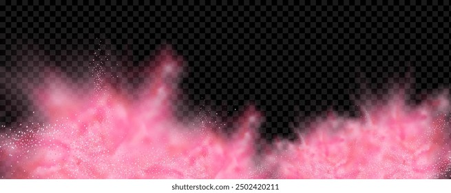 Pink powder dust with glittering shimmering swirls, shiny glitter design. Magical motion, sparkling lines on a black background.