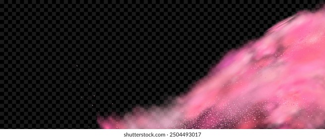 Pink powder dust with glittering shimmering swirls, shiny glitter design. Magical motion, sparkling lines on a black background.