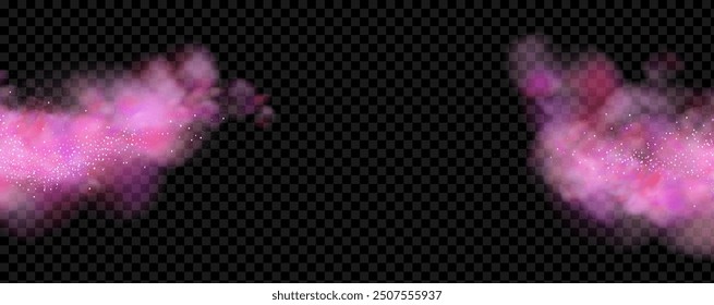 Pink powder dust with glittering shimmering swirls, shiny glitter design. Magical motion, sparkling lines on a black background.